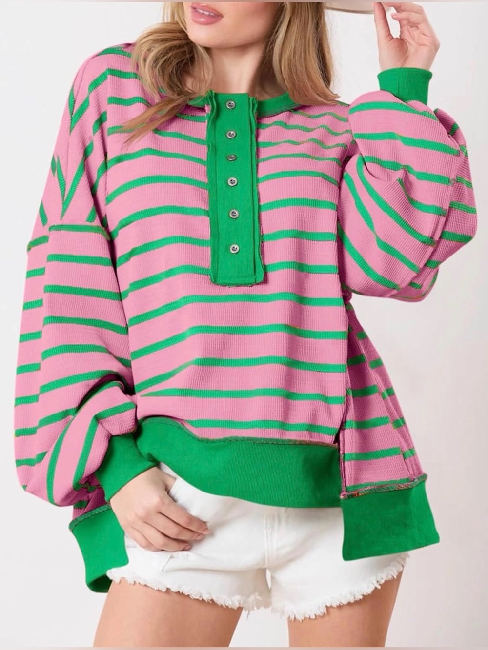 Striped Pink & Green Henley Women's Top - Picture 3 of 3